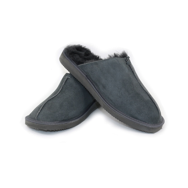 chaussons pantoufles mules cambridge en peau agneau double face gris pétrole peau de mouton intérieur fourrure naturelle fourré DIRECT TANNERIE grossiste importateur 1